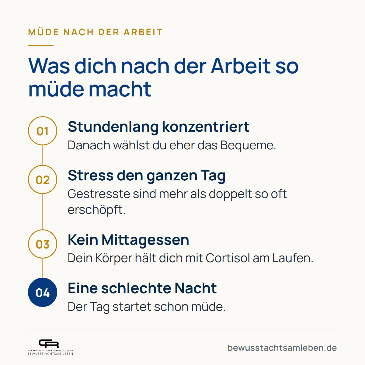 Grafik: Was dich nach der Arbeit so müde macht. 1. Stundenlang konzentriert. 2. Stress den ganzen Tag. 3. Kein Mittagessen. 4. Eine schlechte Nacht.