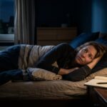 Nachts aufwachen und nicht wieder einschlafen: Frau liegt nachts wach im Bett, auf dem Nachttisch Notizblock und Stift