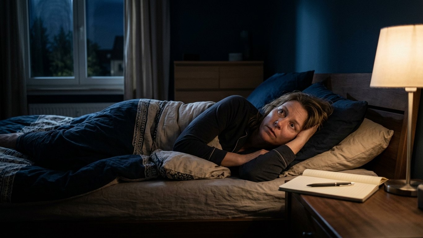 Nachts aufwachen und nicht wieder einschlafen: Frau liegt nachts wach im Bett, auf dem Nachttisch Notizblock und Stift