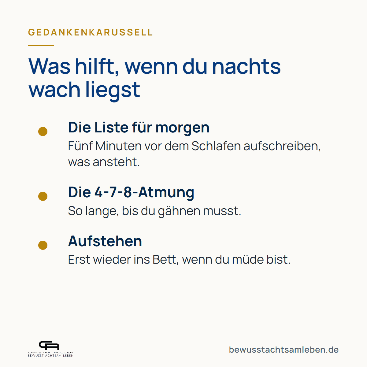 Grafik: Was hilft, wenn du nachts wach liegst: Liste für morgen, 4-7-8-Atmung, aufstehen