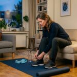 Zu müde für Sport nach der Arbeit: Frau bindet sich abends im Wohnzimmer die Sportschuhe zu