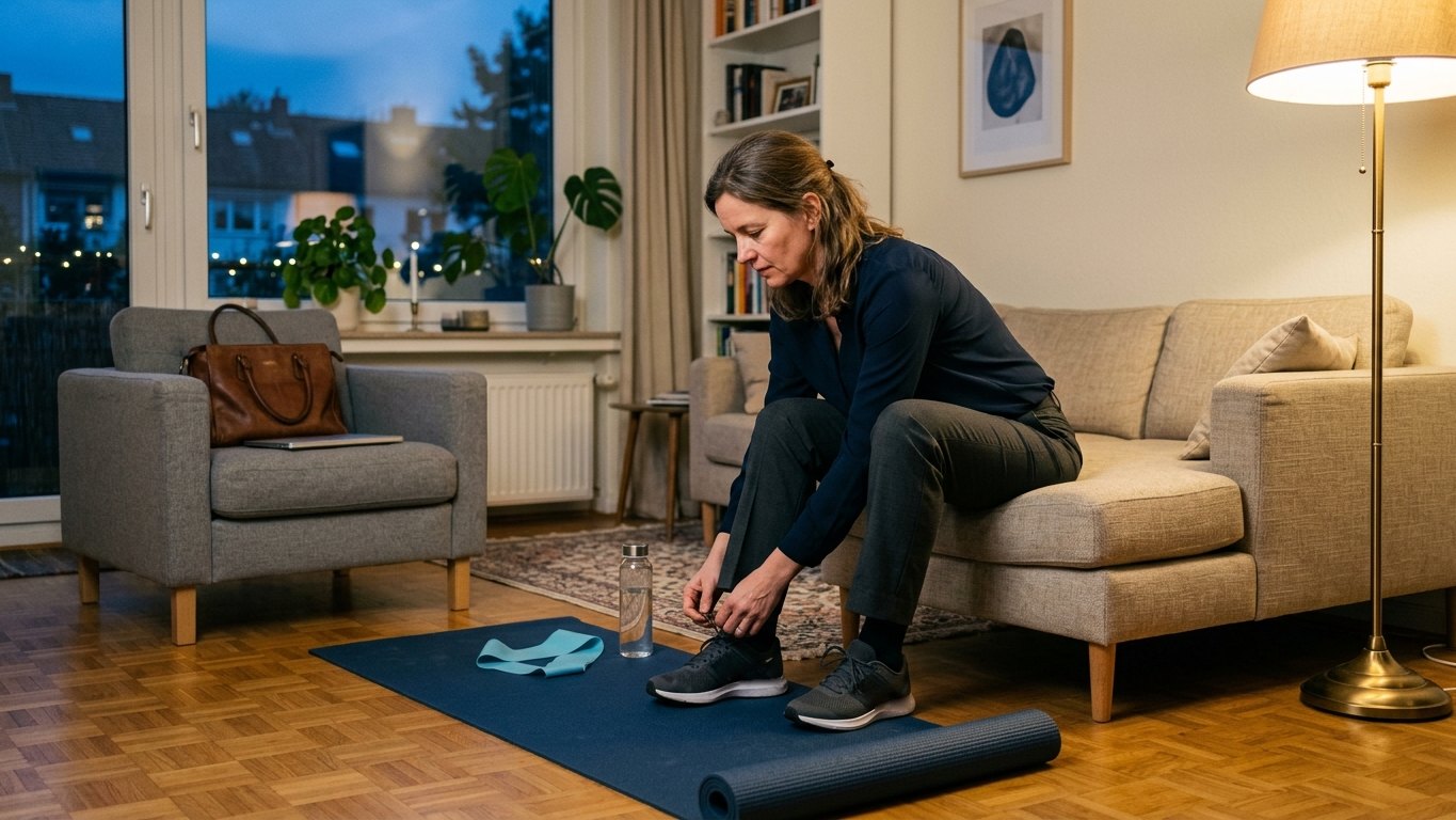 Zu müde für Sport nach der Arbeit: Frau bindet sich abends im Wohnzimmer die Sportschuhe zu