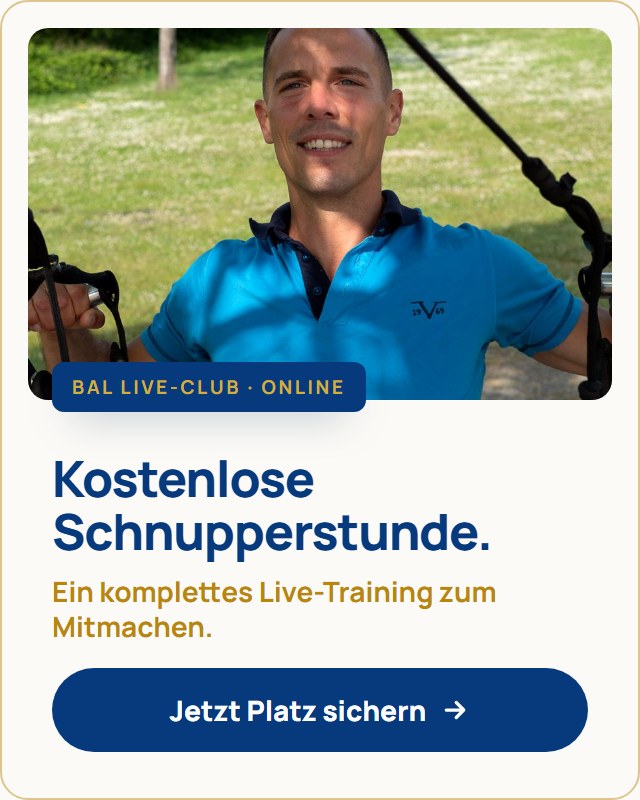 Kostenlose Schnupperstunde im BAL Live-Club: ein komplettes Live-Training zum Mitmachen. Jetzt Platz sichern