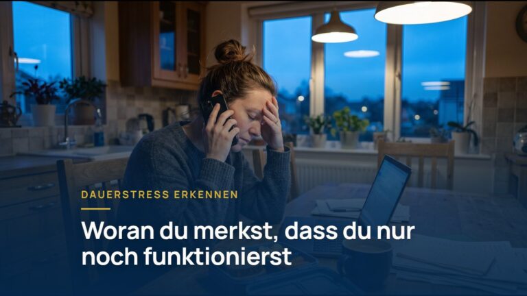 Dauerstress erkennen: Frau sitzt früh morgens telefonierend am Küchentisch, Stirn in der Hand, vor ihr Laptop und Brotdose