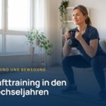 Krafttraining in den Wechseljahren: Frau macht zu Hause eine Kniebeuge mit Kettlebell