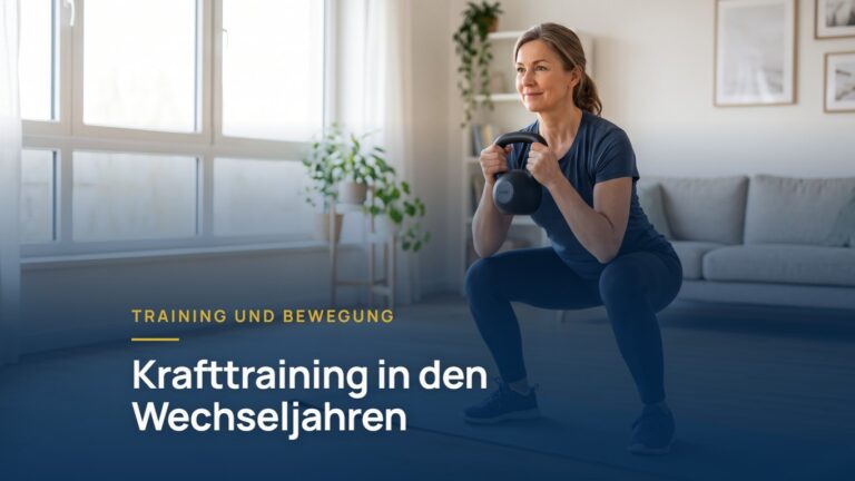Krafttraining in den Wechseljahren: Frau macht zu Hause eine Kniebeuge mit Kettlebell