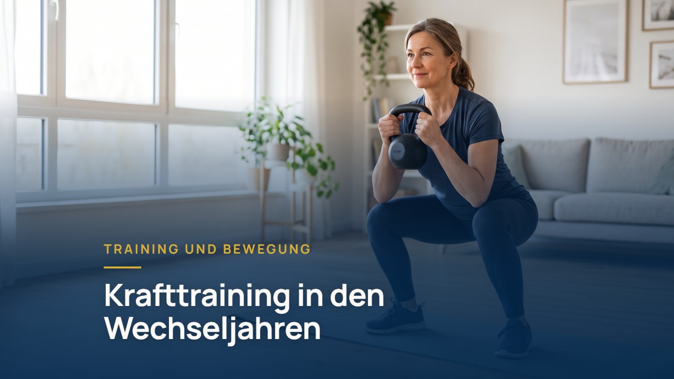 Krafttraining in den Wechseljahren: Frau macht zu Hause eine Kniebeuge mit Kettlebell