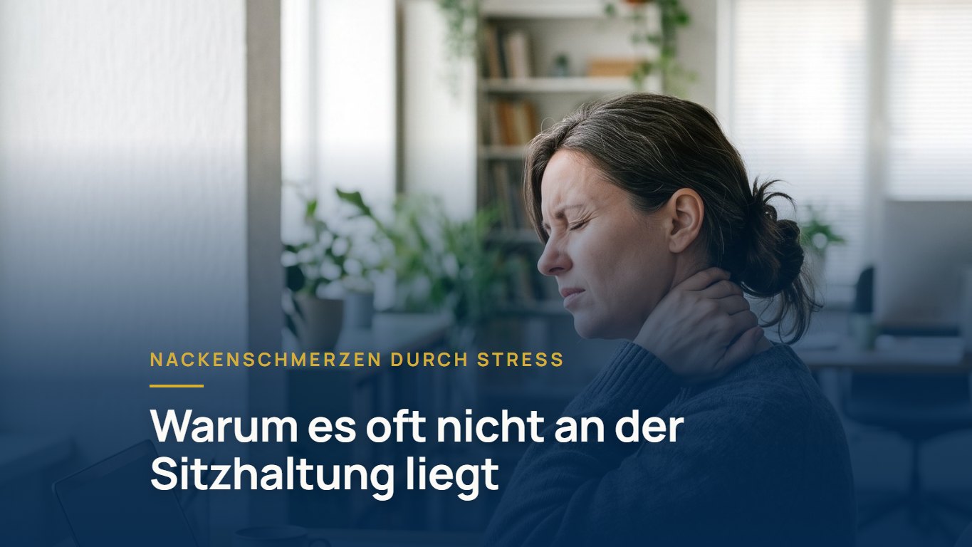 Nackenschmerzen durch Stress: Frau am Schreibtisch hält sich den schmerzenden Nacken