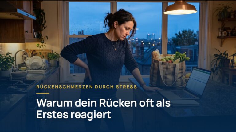 Frau stützt sich abends in der Küche ab und hält sich den unteren Rücken: Rückenschmerzen durch Stress