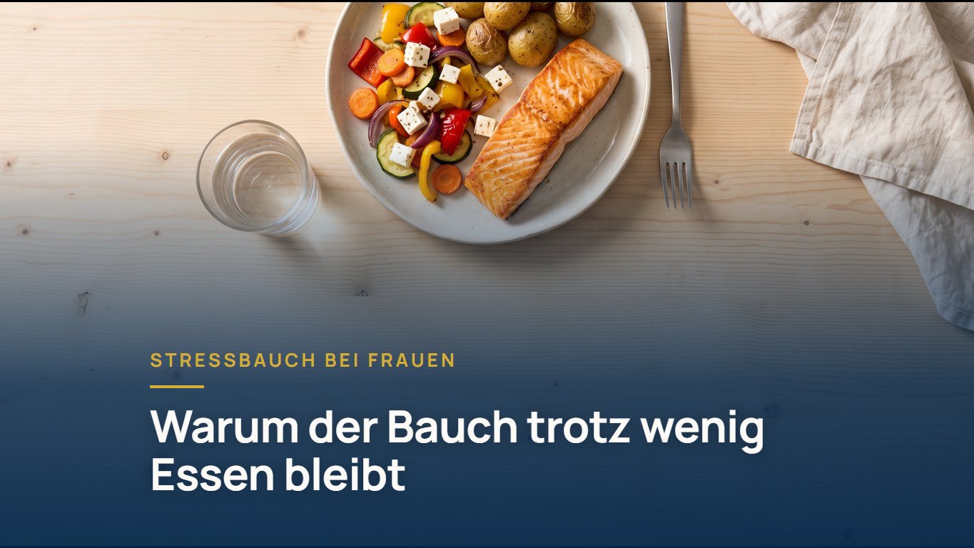 Stressbauch bei Frauen: Teller mit Lachs, Ofengemüse, Feta und Kartoffeln von oben auf einem Holztisch