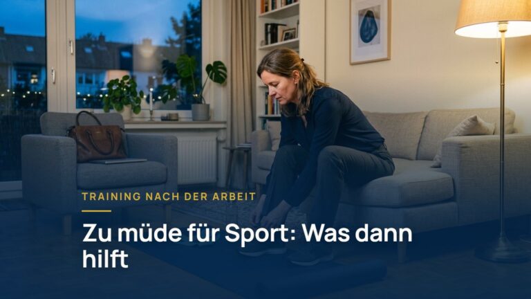 Zu müde für Sport nach der Arbeit: Frau bindet sich abends im Wohnzimmer die Sportschuhe zu