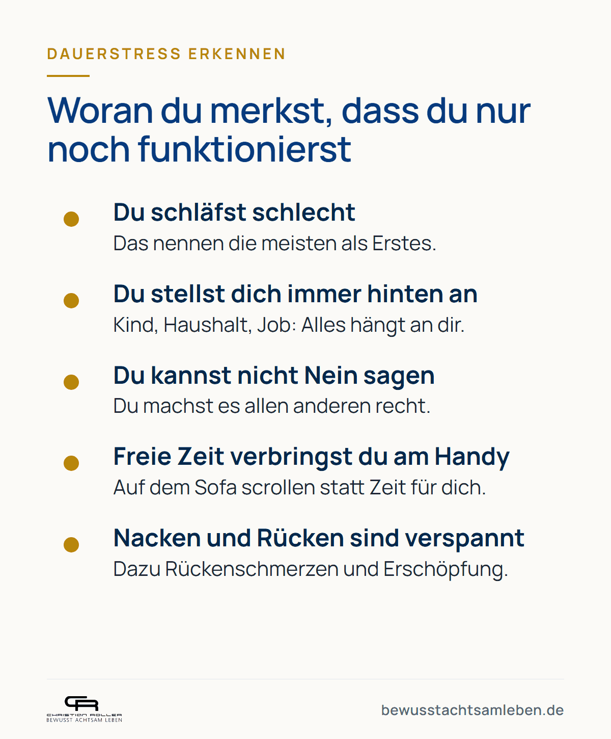 Grafik: Woran du Dauerstress erkennst, fünf typische Zeichen von Schlafproblemen bis Verspannungen