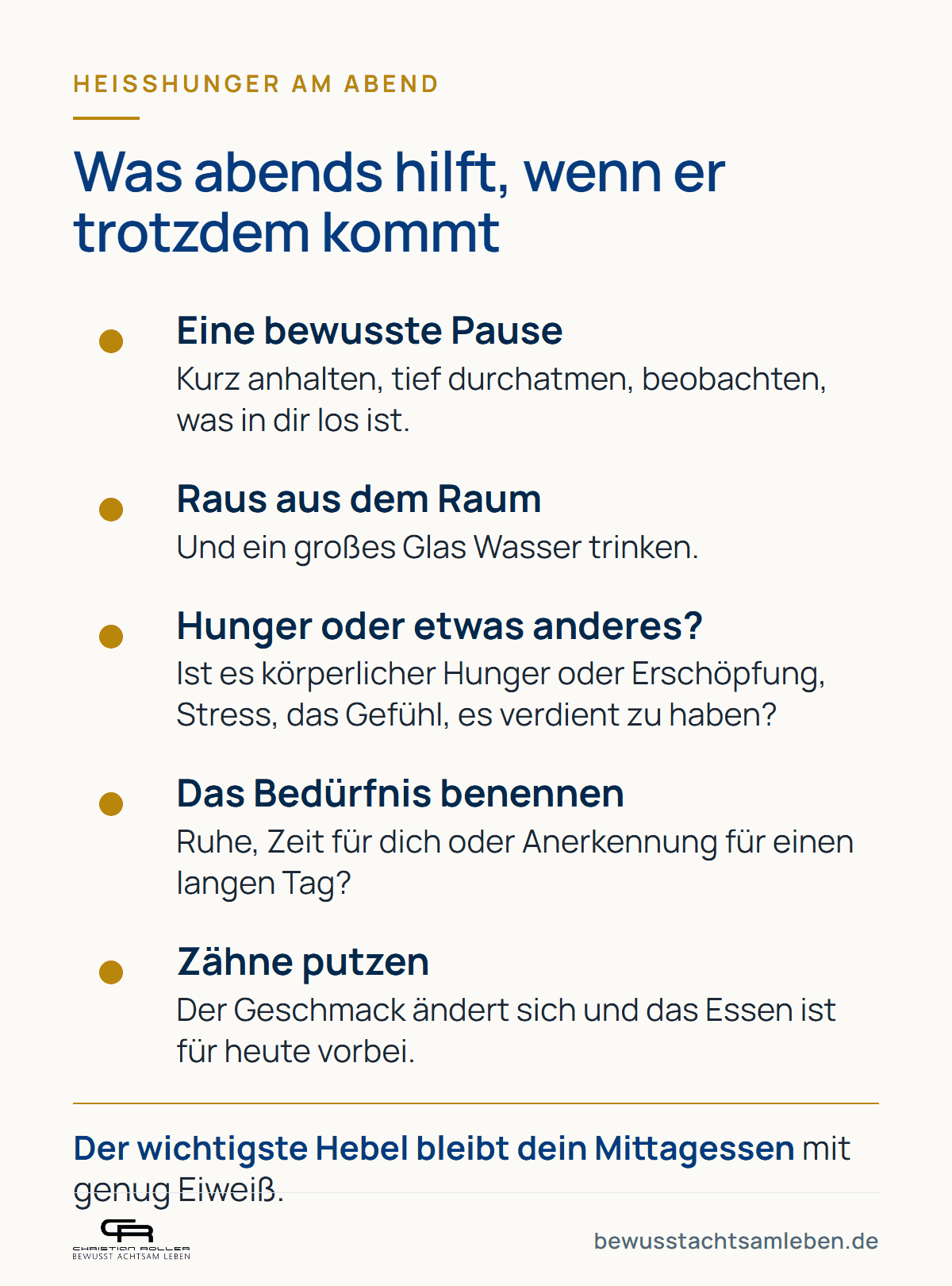 Grafik: Was abends gegen Heißhunger hilft, bewusste Pause, Wasser, Hunger oder etwas anderes, Bedürfnis benennen, Zähne putzen