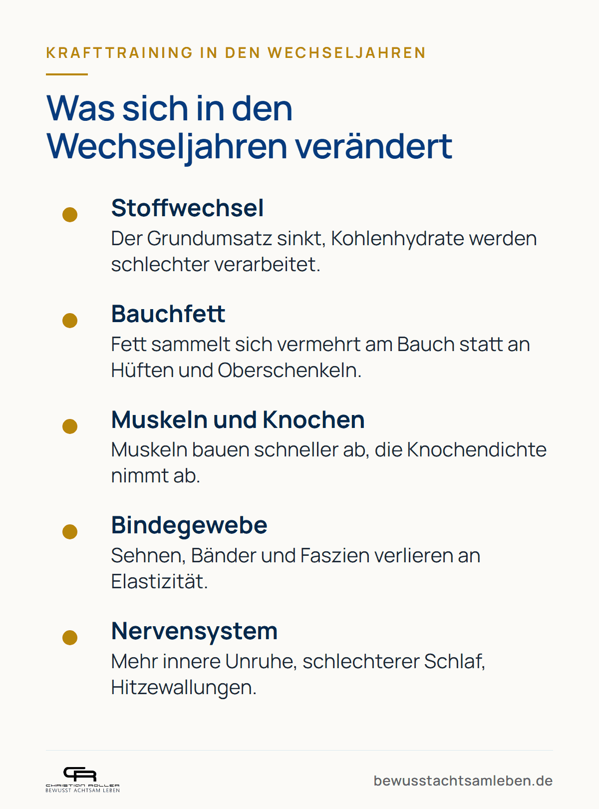 Grafik: Was sich in den Wechseljahren verändert, Stoffwechsel, Bauchfett, Muskeln und Knochen, Bindegewebe, Nervensystem