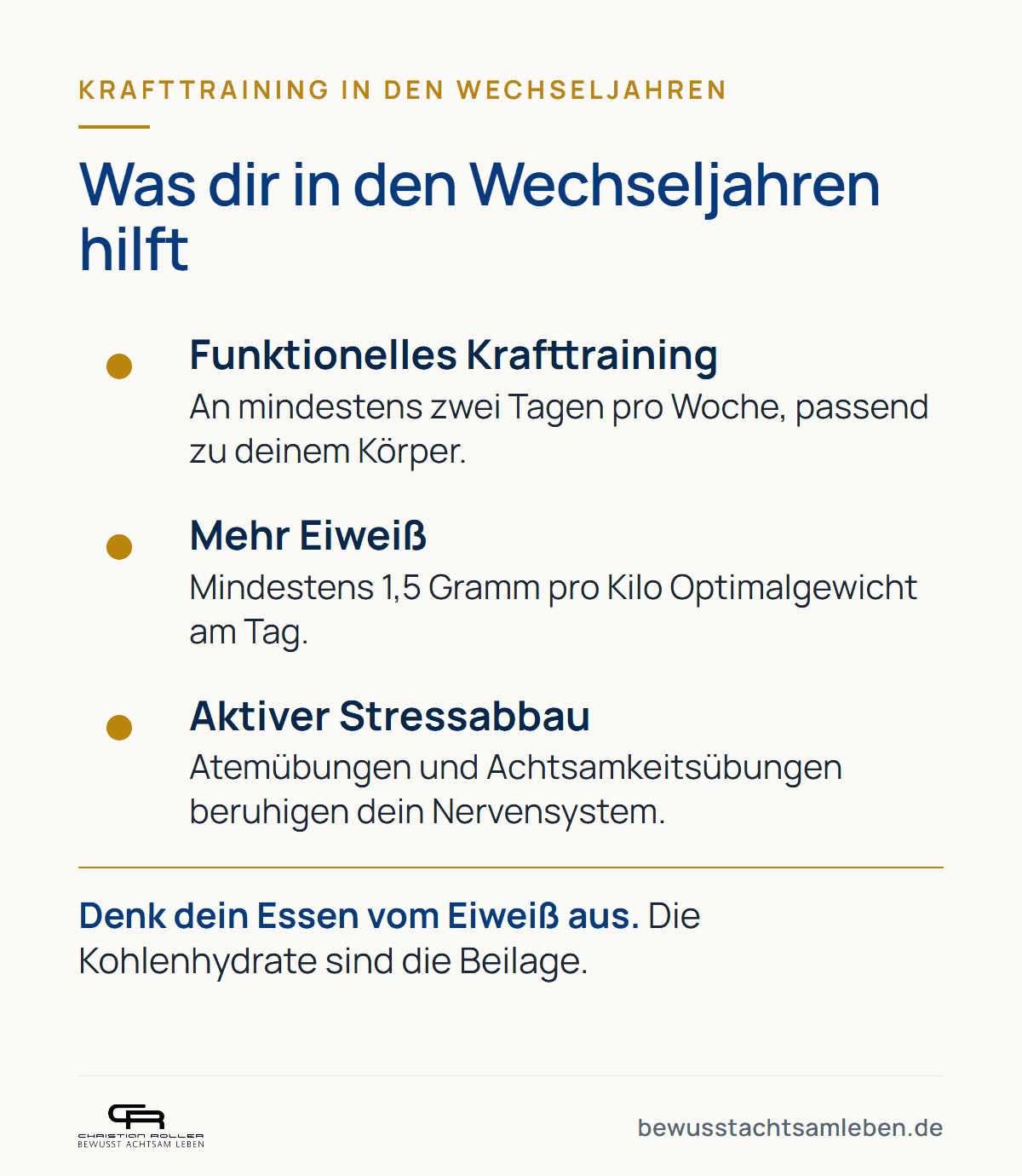 Grafik: Was dir in den Wechseljahren hilft, funktionelles Krafttraining, mehr Eiweiß, aktiver Stressabbau