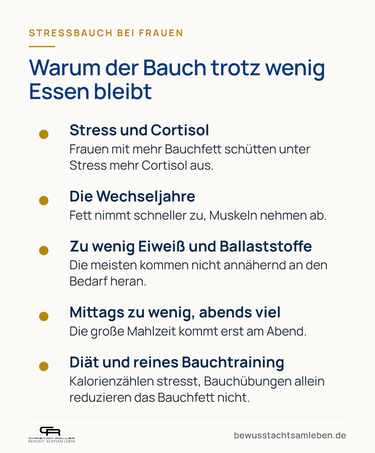 Grafik: Fünf Gründe für den Stressbauch bei Frauen, von Cortisol bis Diät und Bauchtraining